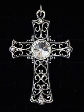 Vintage silvertone, bling large cross pendant + free 16” cord necklace